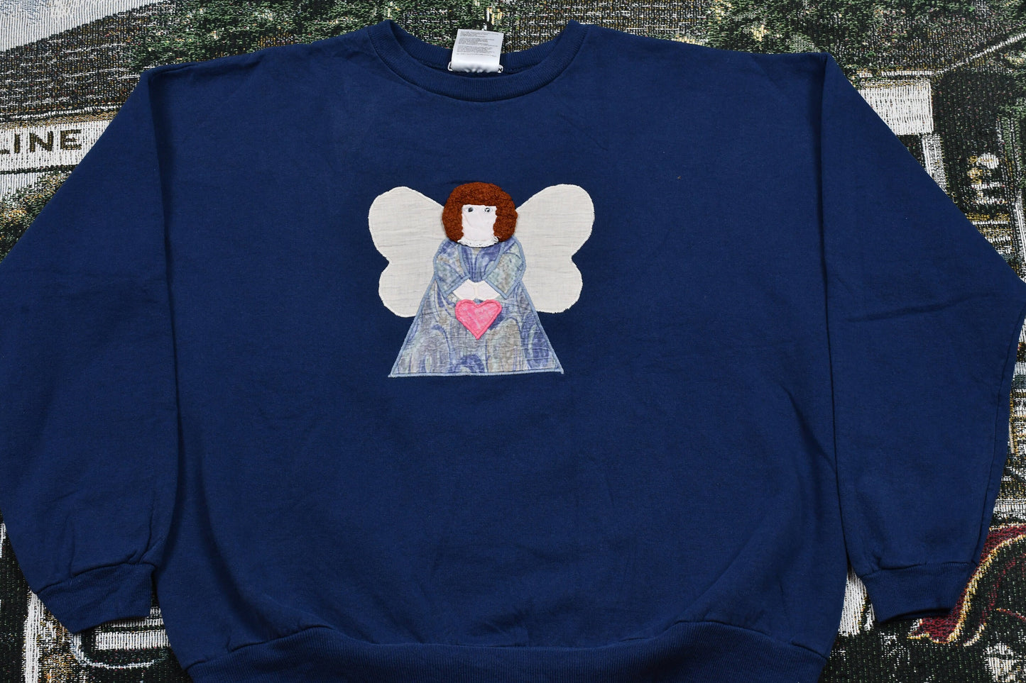 Vintage 1990s Hanes Herway Religious Angel Embroidered Crewneck Sweatshirt / Love & Hearts Sweatshirt / Embroidered Patchwork