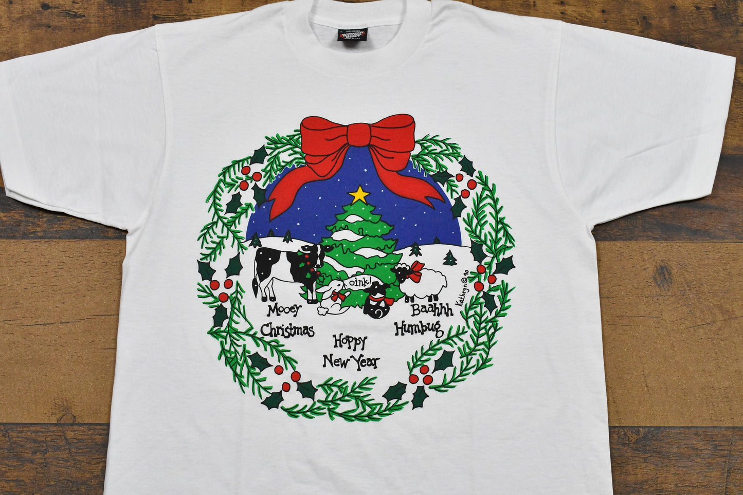 Vintage 1990 Christmas Wreath Single Stitch T-Shirt , Animal Lover , Funny Graphic , 80s , 90s , Streetwear