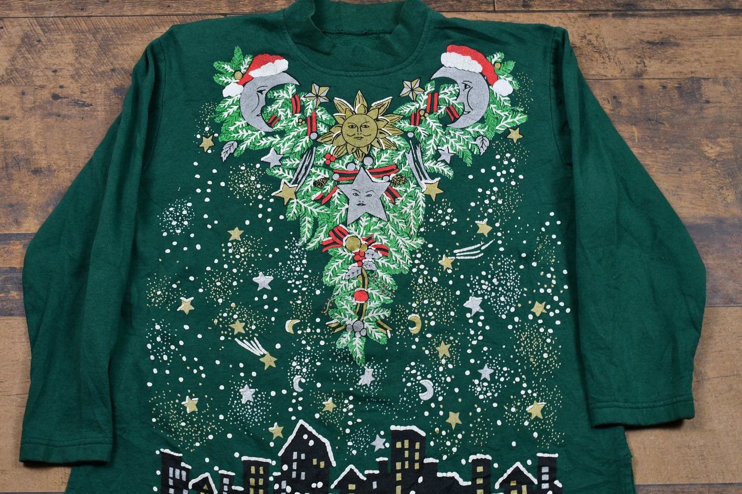 Vintage 1990s Christmas Mock Neck Long Sleeve T-Shirt , Vintage Holiday Sweatshirt , Moon And Stars , Festive All Over Print