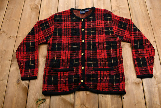 Vintage 1990s Knit Button-Up Cardigan / Plaid / Acrylic / Laura Scott / Button-Up Sweatshirt