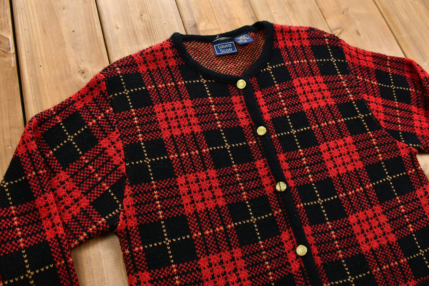 Vintage 1990s Knit Button-Up Cardigan / Plaid / Acrylic / Laura Scott / Button-Up Sweatshirt