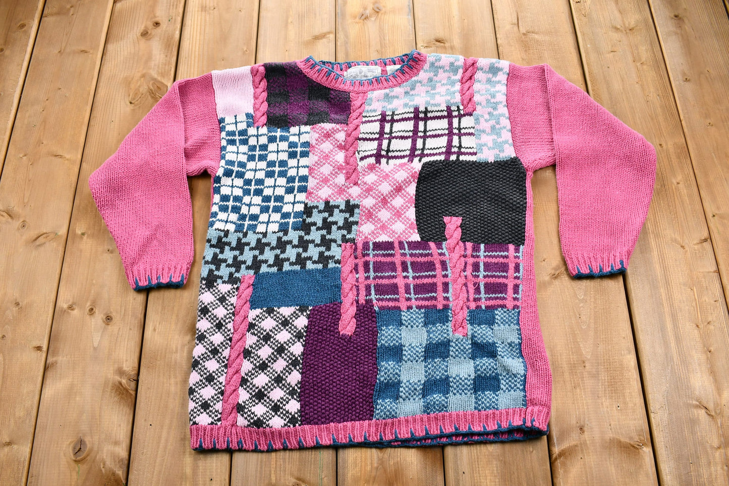 Vintage 1990s Patchwork Knit Sweater / Houndstooth / Plaid / Vintage 90s Crewneck / Pullover Sweatshirt