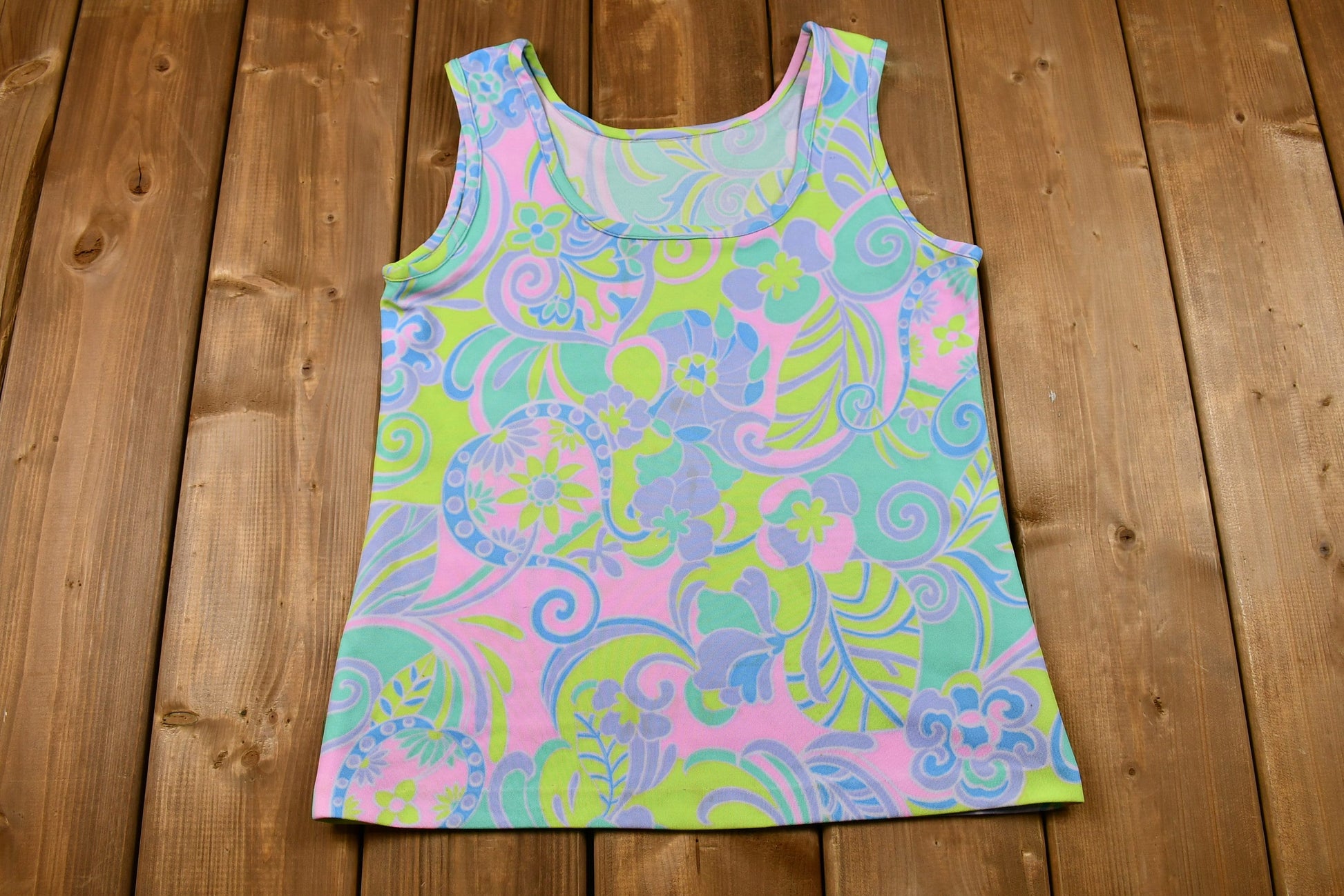 Vintage 1970s Dayglo Paisley Print Polyester Tank Top
