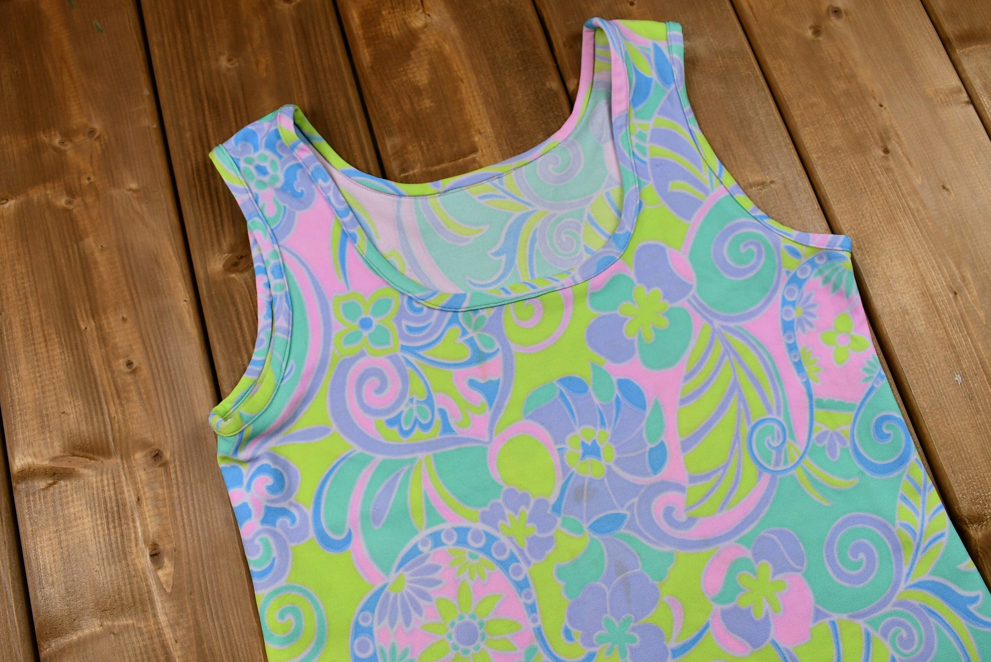 Vintage 1970s Dayglo Paisley Print Polyester Tank Top
