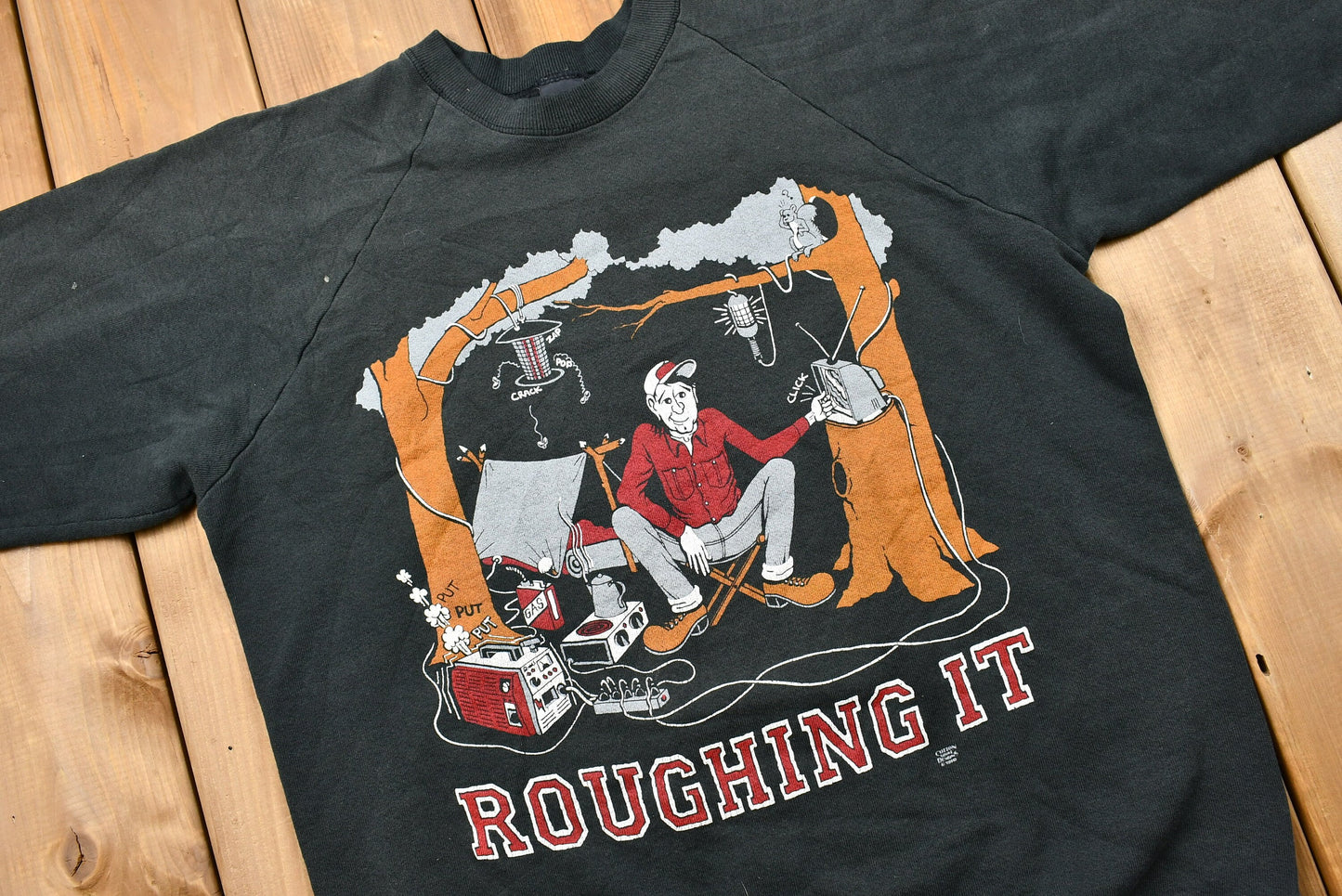 Vintage Late 1980s Roughing It Camping Graphic Crewneck Sweatshirt / 80s Pullover / Funny Graphic / Athleisure / Streetwear / Retro Style