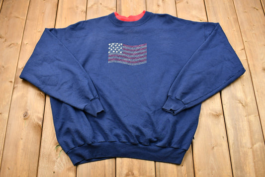 Vintage 1990s Bedazzled American Flag Crewneck Sweatshirt / 90s Crewneck / Souvenir / Athleisure / Streetwear / Travel And Tourism