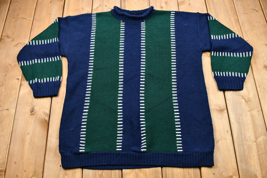 Vintage 1990s Striped Color Block Knit Mock-Neck Sweater / Vintage 90s Pullover / Casual Winter Wear / Pullover Sweatshirt