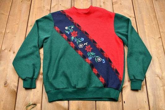 Vintage 1990s Color-Block Floral Knit Sweater / Shoulder Pads / Mock Neck / Casual Winter Wear / Pullover Sweatshirt