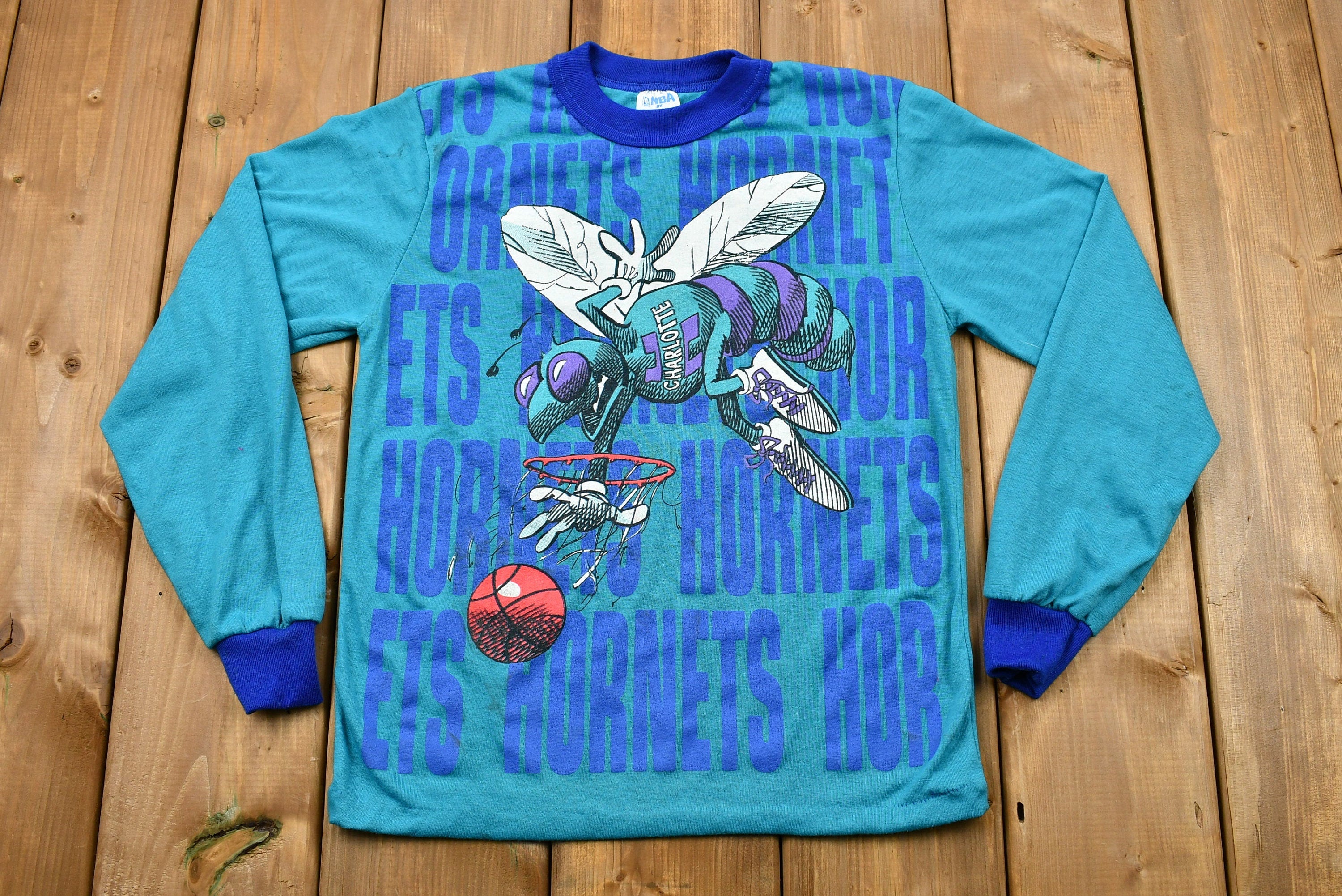 Vintage 1990s Charlotte Hornets Kid's Long Sleeve Graphic T-Shirt
