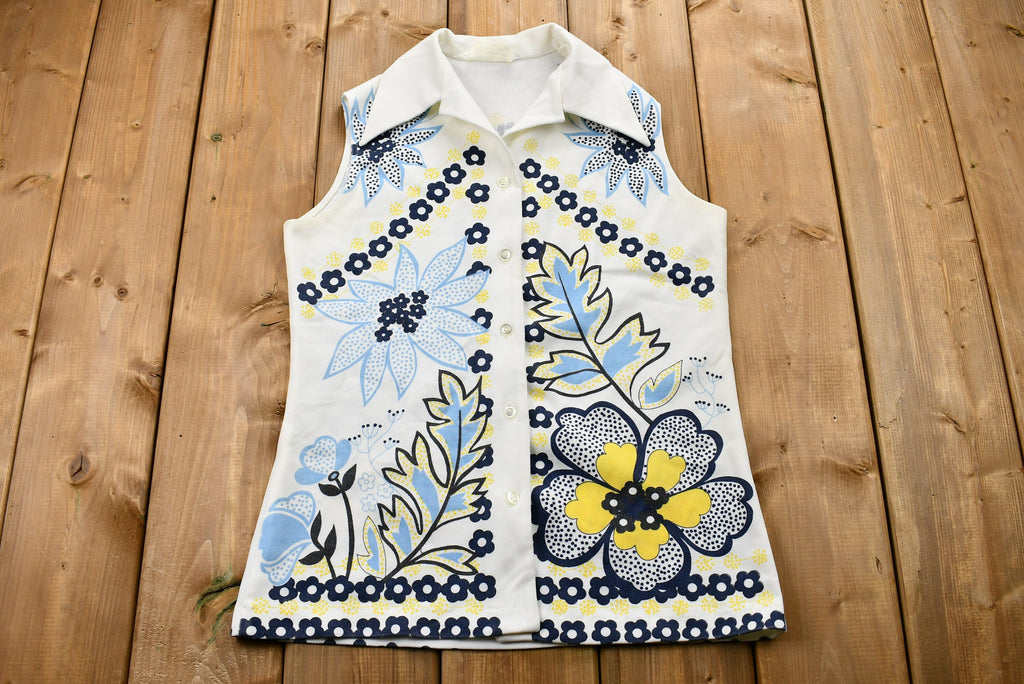 Vintage 1970s Floral Print Sleeveless Button-Up Tunic Blouse
