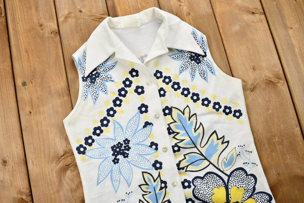 Vintage 1970s Floral Print Sleeveless Button-Up Tunic Blouse