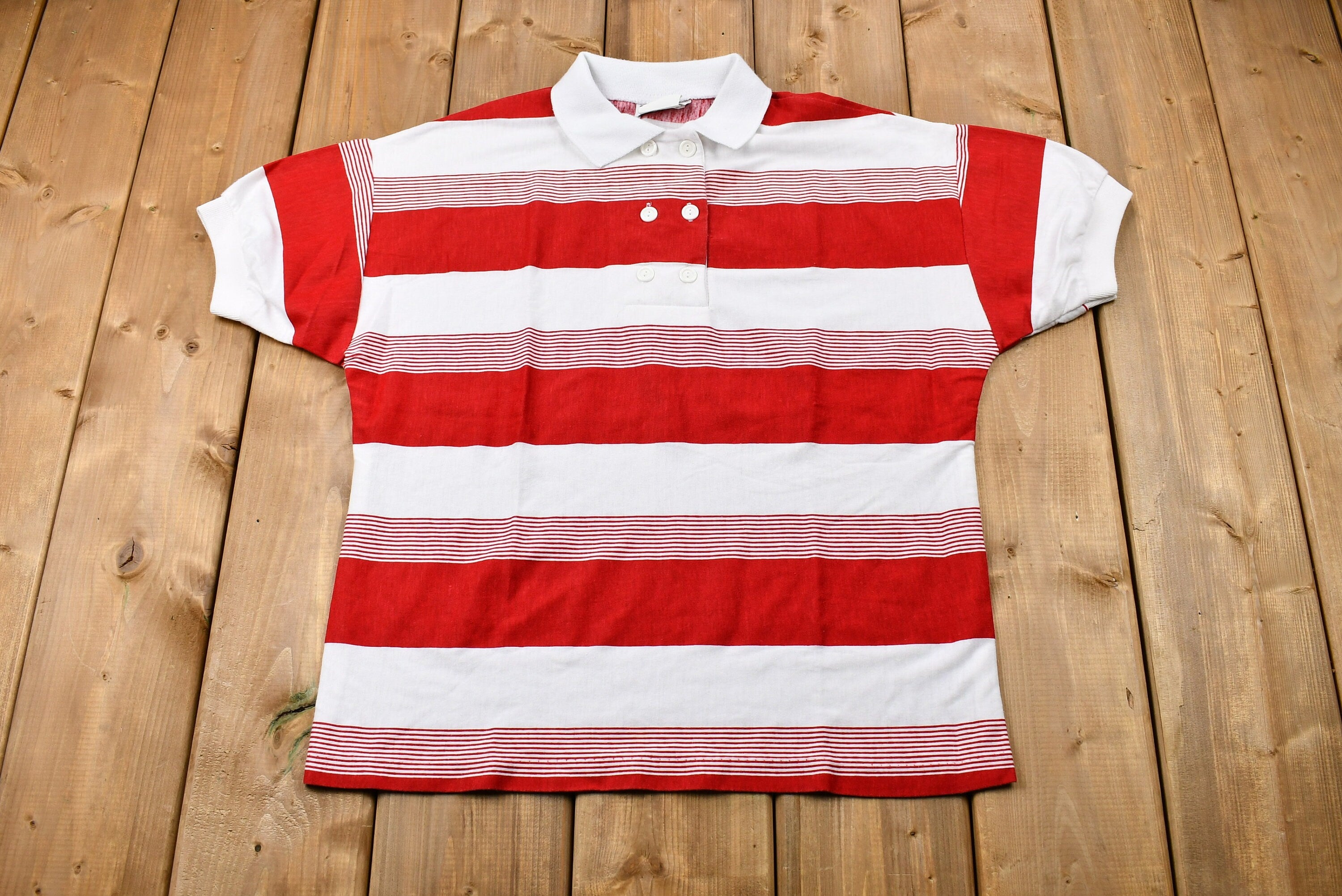 Vintage 1980s Color-Block Striped Quarter-Button Up T-Shirt