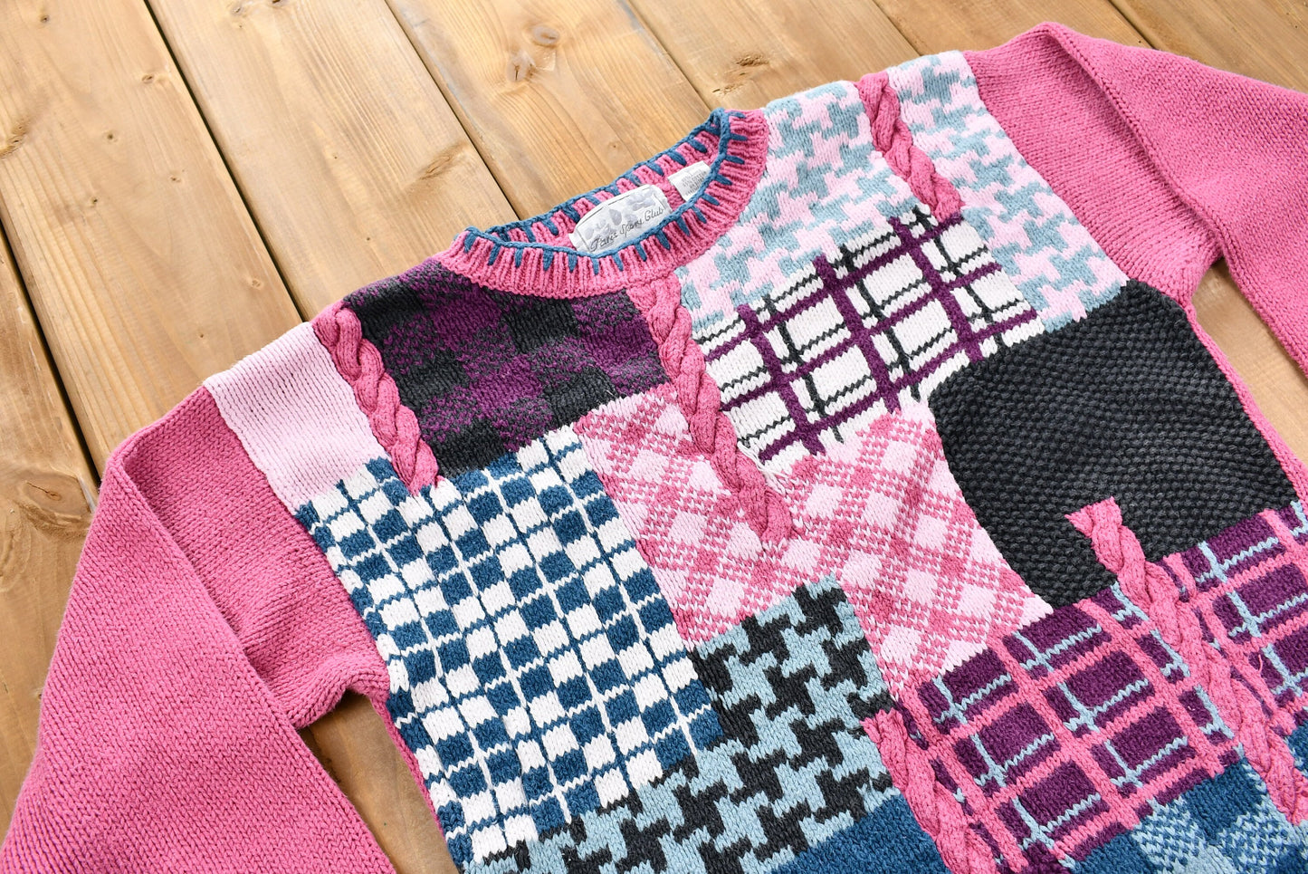 Vintage 1990s Patchwork Knit Sweater / Houndstooth / Plaid / Vintage 90s Crewneck / Pullover Sweatshirt