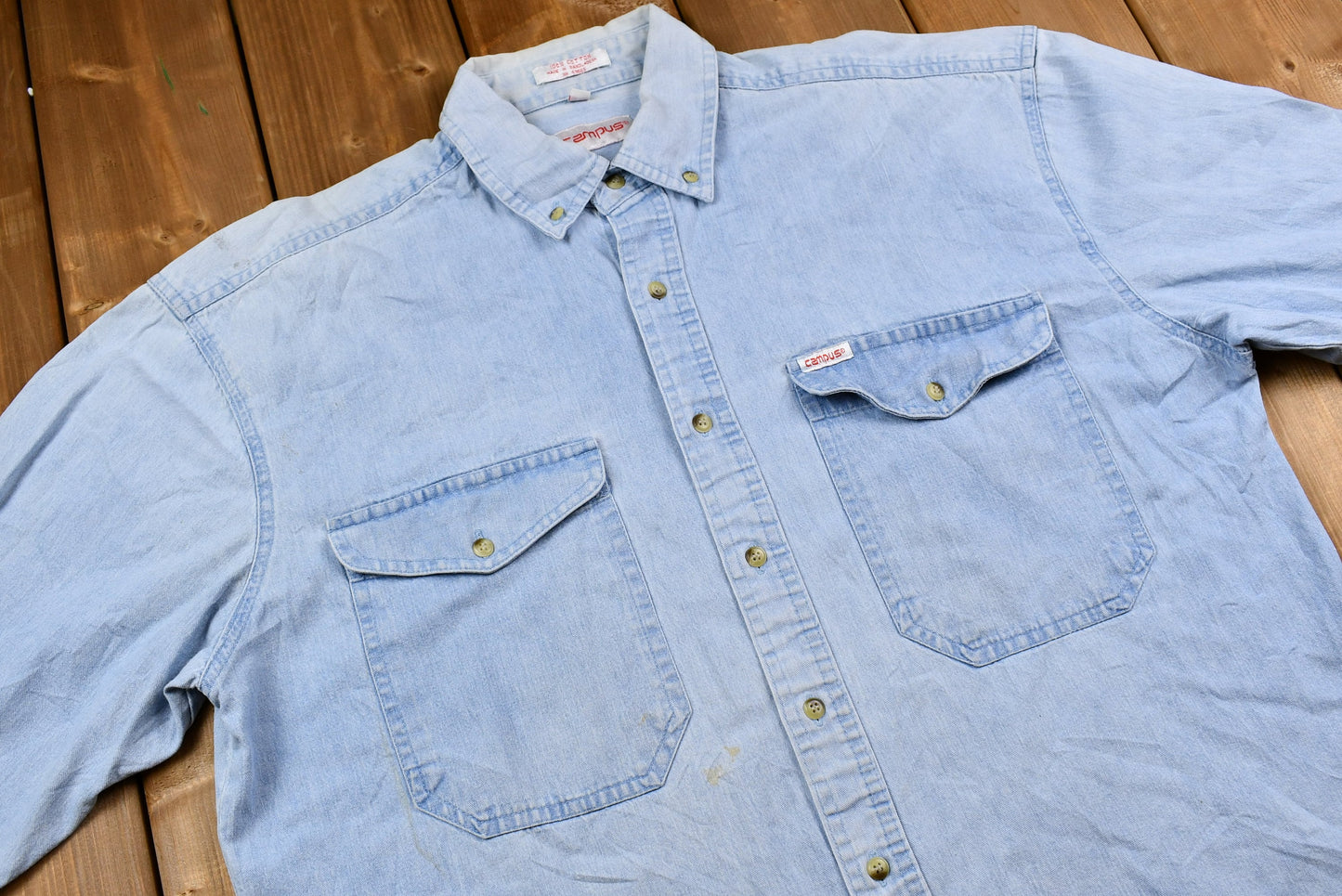 Vintage 1990s Campus Light Blue Denim Button Up Shirt / Outdoors & Wilderness / Fall Winter / Casual Wear / Workwear