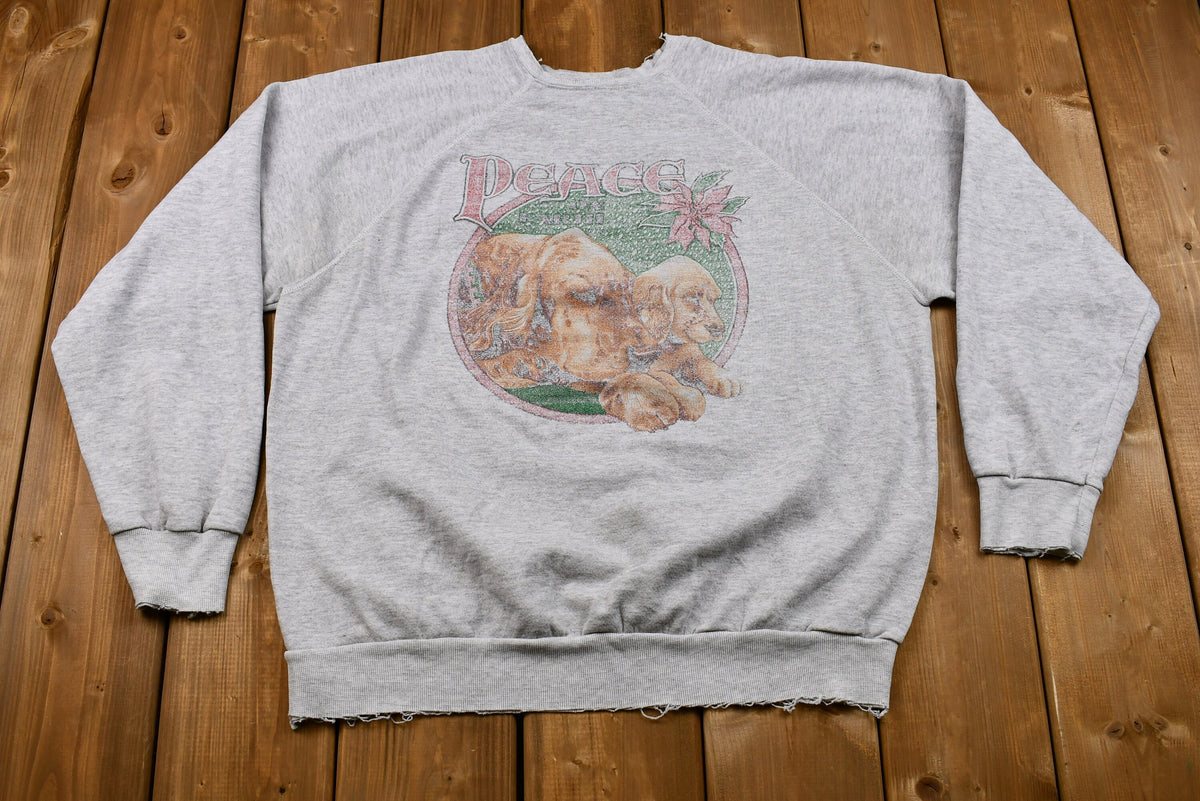 Vintage 1990s Lightly Distressed Faded Peace on Earth Puppy Christmas Sweater , 90s Holiday Crewneck , Winter Wear , Festive Graphic Print