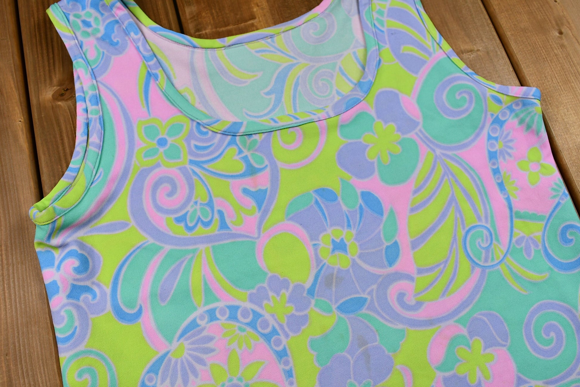 Vintage 1970s Dayglo Paisley Print Polyester Tank Top