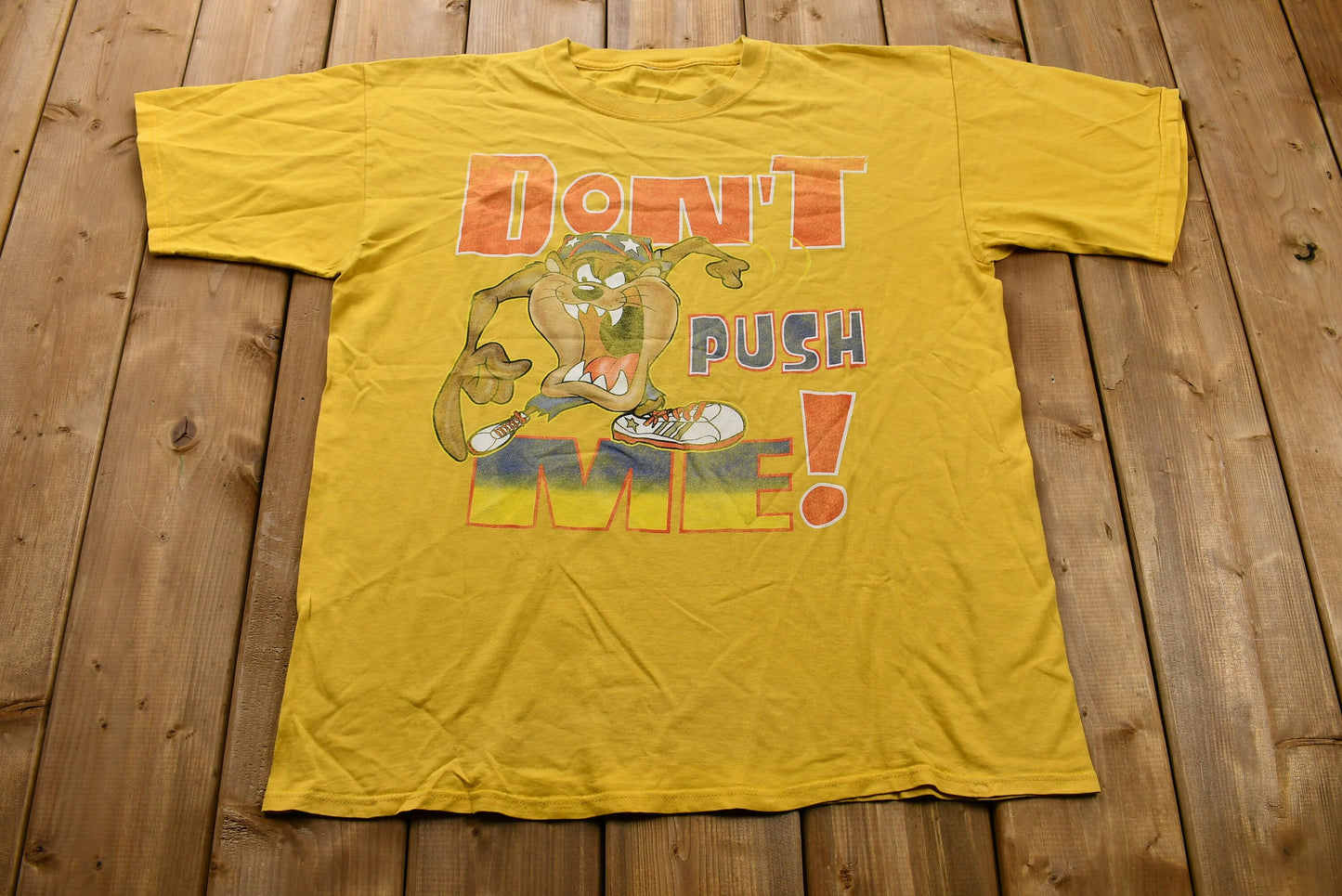 Vintage 1990s Tasmanian Devil Don't Push Me! T-Shirt / Looney Tunes / Cartoon Network / American Streetwear / Vintage T-Shirt