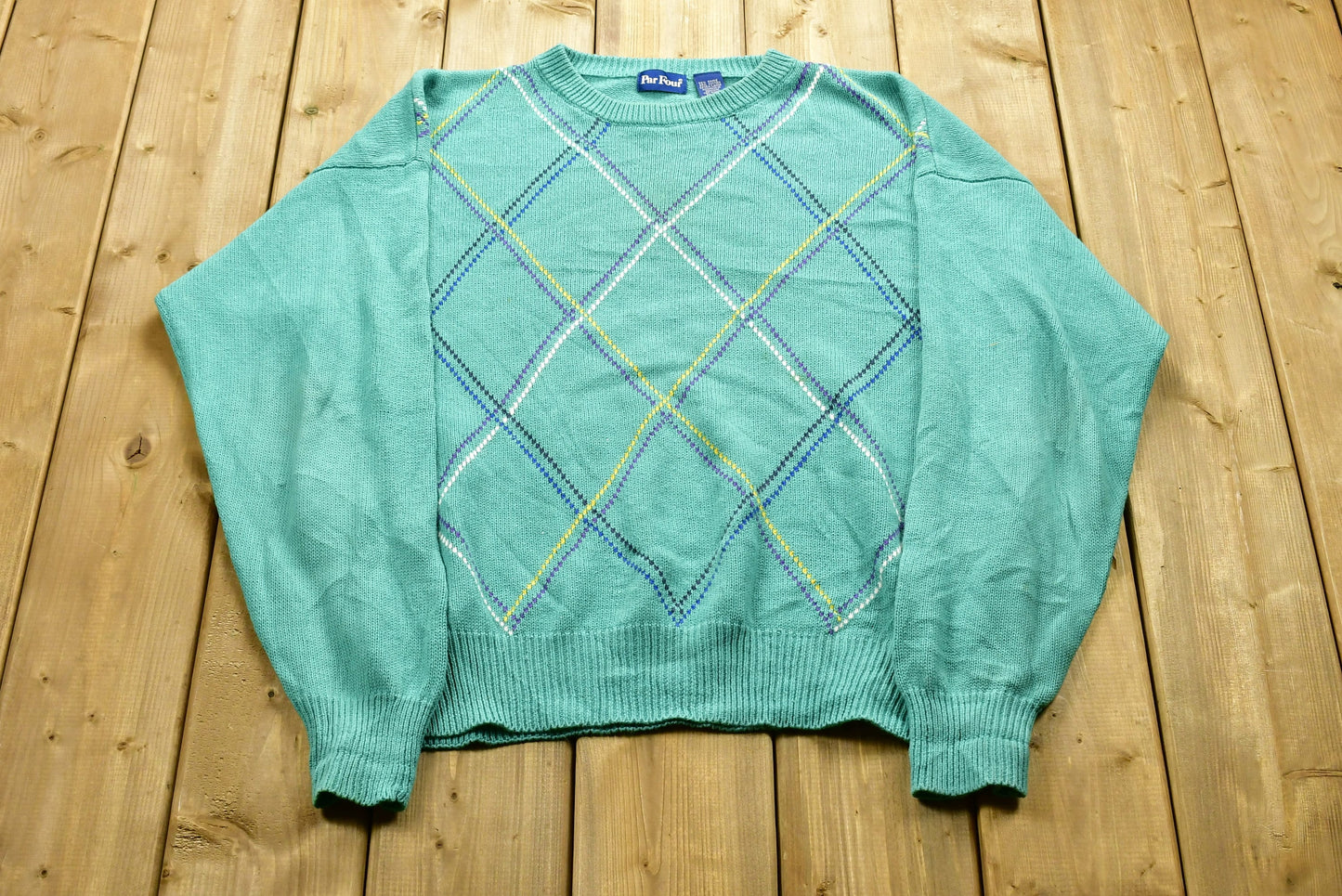 Knitted Sweater / Vintage 90s Crewneck / Diamond Pattern Print / Made in Hong Kong / Pullover Sweatshirt / Cozy 80s Sweater