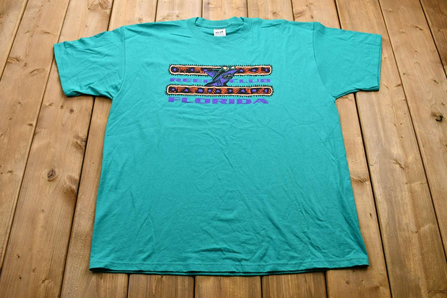 Vintage 1990s Teal Florida Reef Club T-Shirt / Shark Graphic / 90s Streetwear Fashion / Beachwear / Vacation Tee / Travel & Tourism