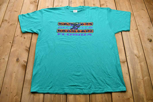 Vintage 1990s Teal Florida Reef Club T-Shirt / Shark Graphic / 90s Streetwear Fashion / Beachwear / Vacation Tee / Travel & Tourism