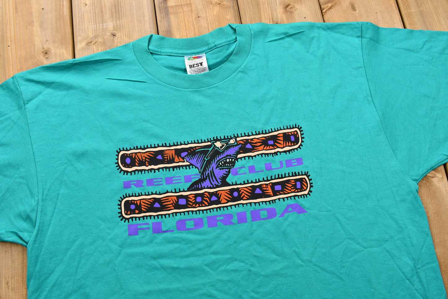 Vintage 1990s Teal Florida Reef Club T-Shirt / Shark Graphic / 90s Streetwear Fashion / Beachwear / Vacation Tee / Travel & Tourism