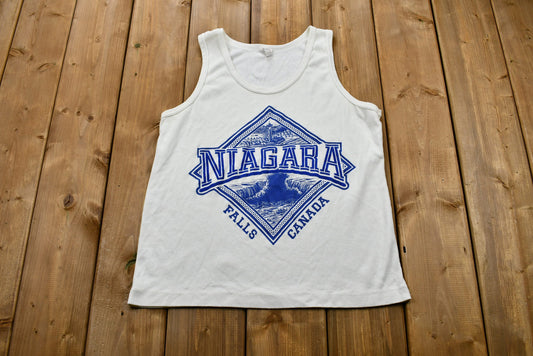 Vintage Early 1990s White and Blue Niagara Falls Canada Tank Top / 90s Streetwear Fashion / Made In Canada / Vacation Tee / Travel & Tourism