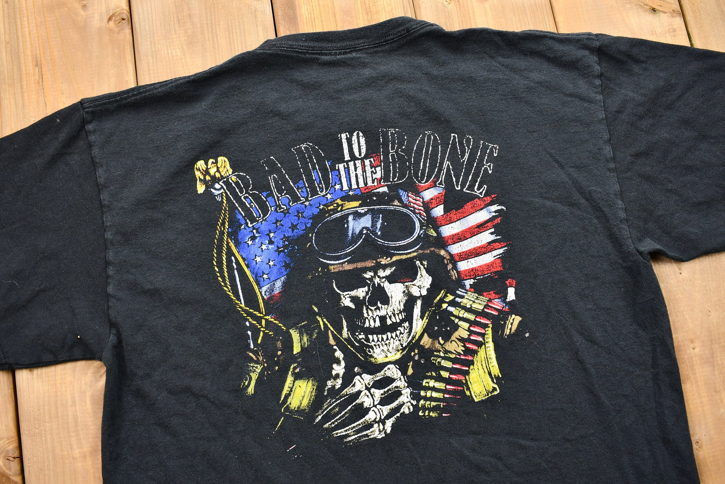 Vintage 1990s Bad To The Bone Skeleton T-Shirt / Duval St. Key West / American Flag / 90s Streetwear / Retro Style / Biker Aesthetic