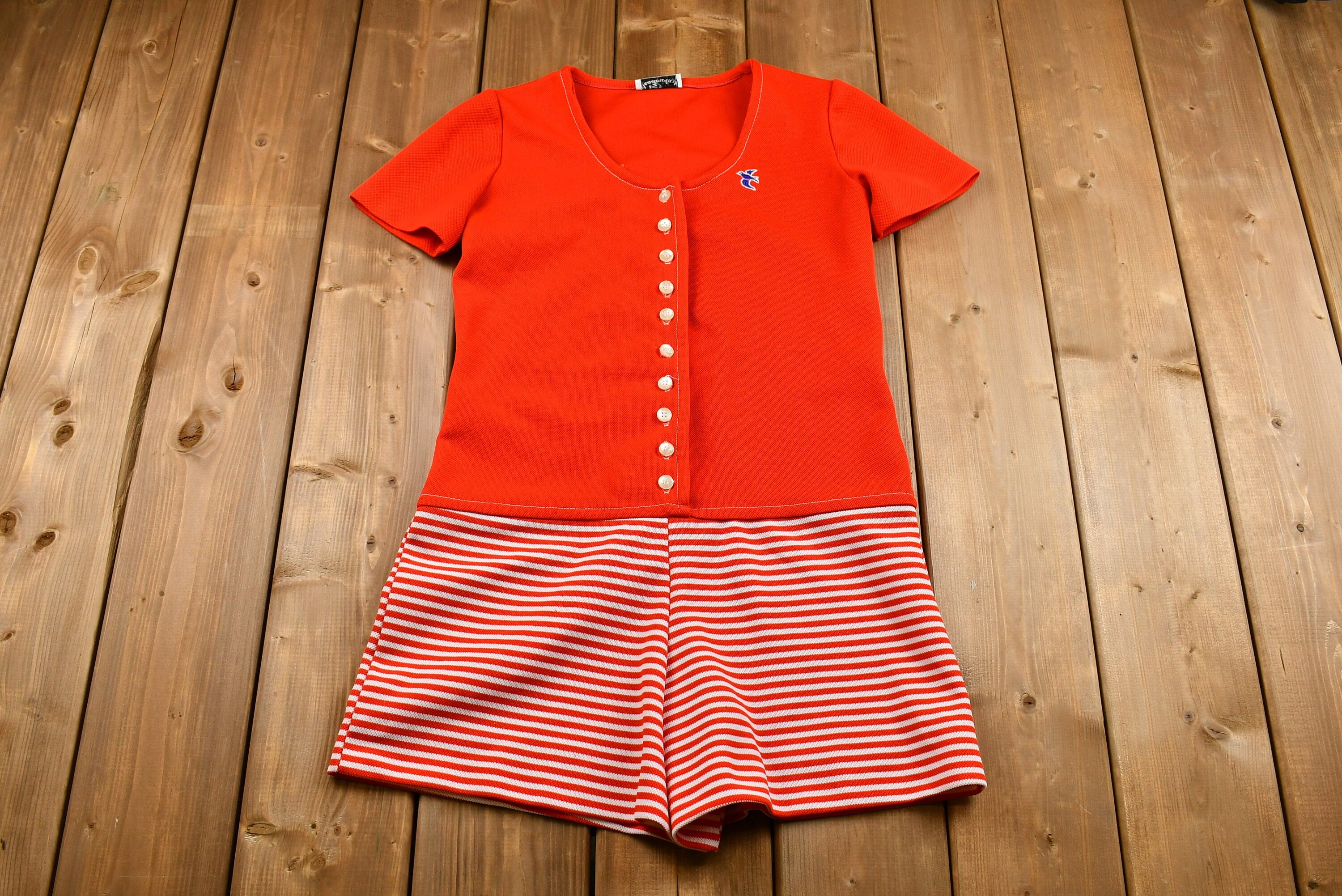 Vintage 1970s Button Up Short Sleeve Color Block Striped Romper