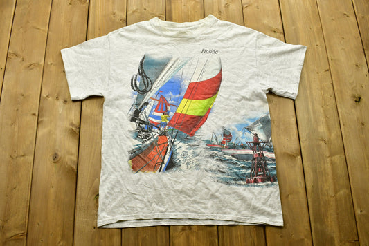 Vintage 90's Florida Sailing Wrap Around Graphic T-Shirt , Single Stitch , Made In USA , Graphic , 80s , 90s / Streetwear / Retro Style