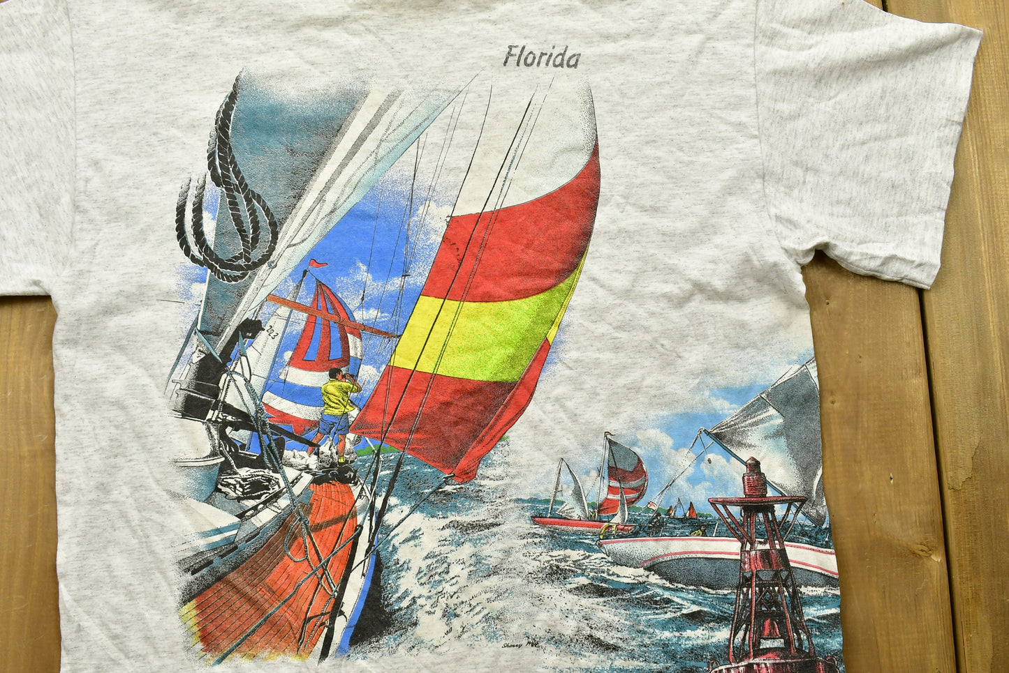 Vintage 90's Florida Sailing Wrap Around Graphic T-Shirt , Single Stitch , Made In USA , Graphic , 80s , 90s / Streetwear / Retro Style