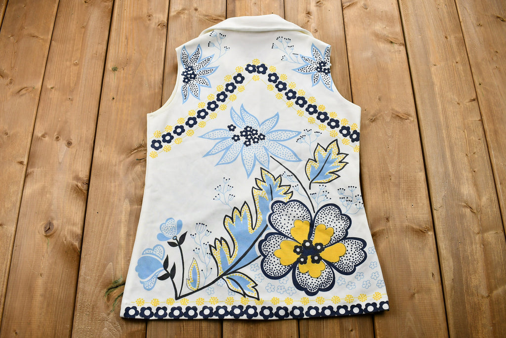Vintage 1970s Floral Print Sleeveless Button-Up Tunic Blouse