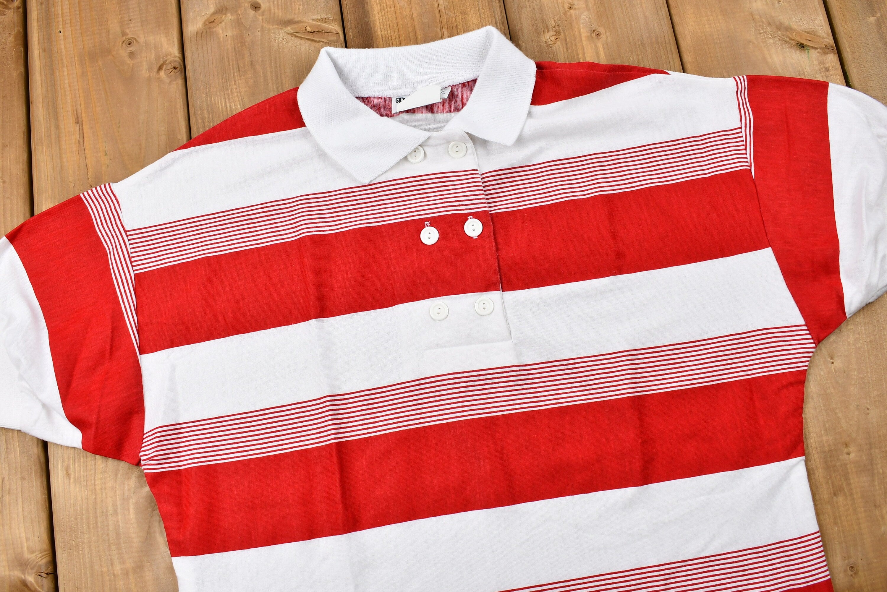 Vintage 1980s Color-Block Striped Quarter-Button Up T-Shirt