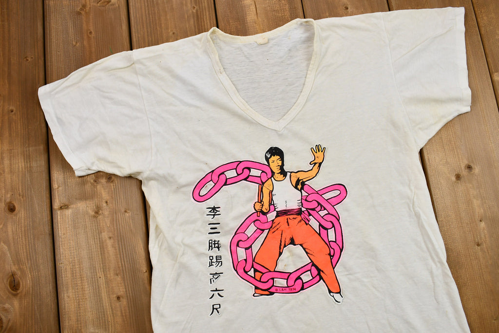 Vintage 1974 Naturally Distressed Bruce Lee Iron-On Graphic V-Neck T-Shirt