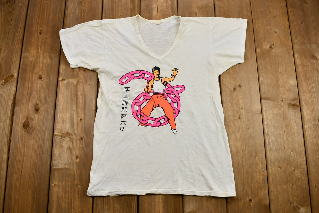 Vintage 1974 Naturally Distressed Bruce Lee Iron-On Graphic V-Neck T-Shirt