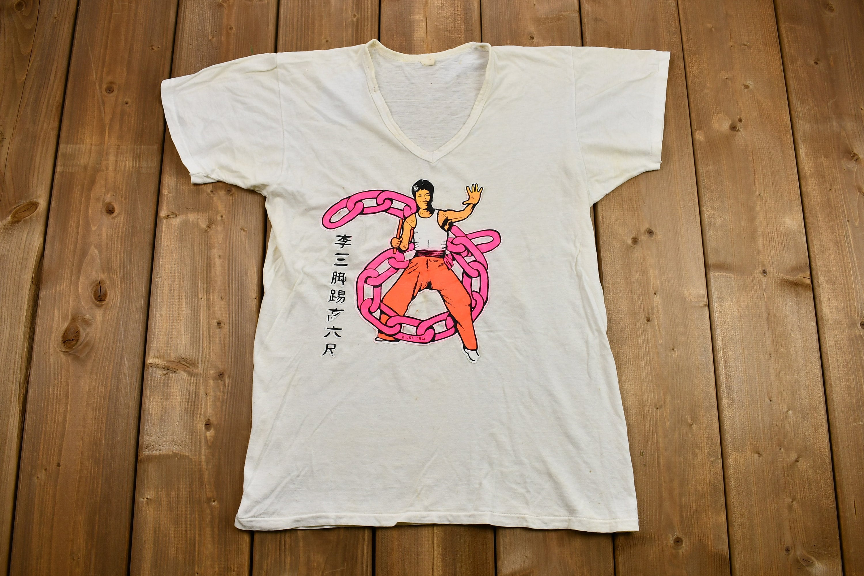 Vintage 1974 Naturally Distressed Bruce Lee Iron-On Graphic V-Neck T-Shirt