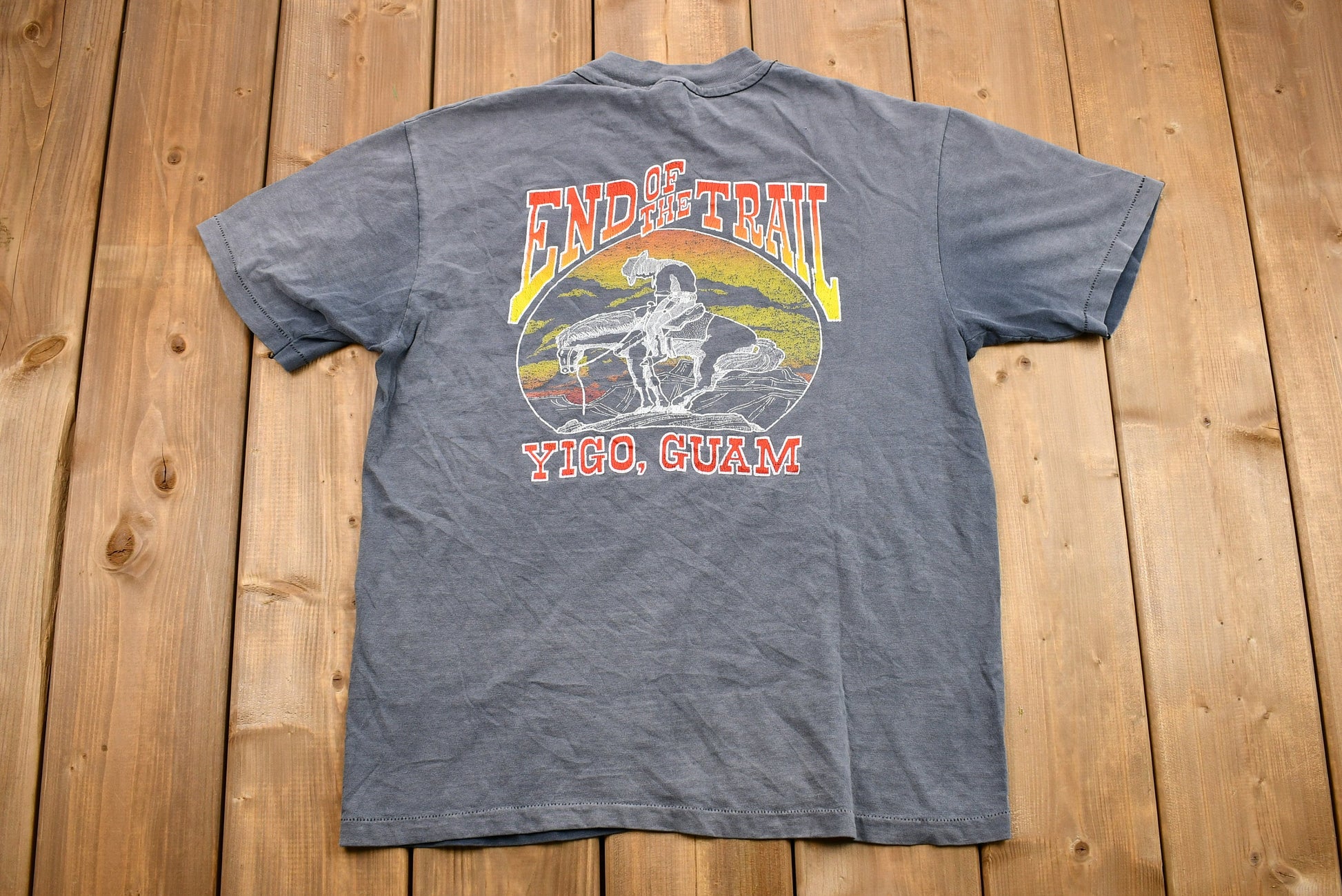 Vintage 1980s Naturally Discolored End Of The Trail Yigo, Guam Graphic T-Shirt