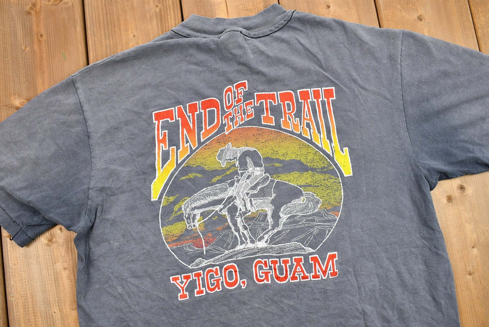 Vintage 1980s Naturally Discolored End Of The Trail Yigo, Guam Graphic T-Shirt