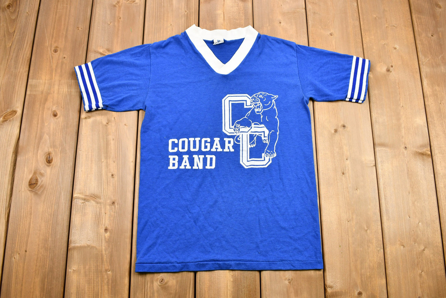 Vintage 1970s Catholic Central Cougar Band Graphic V-Neck T-Shirt / True Vintage / High School Alumni / Vintage Sportswear / Athleisure