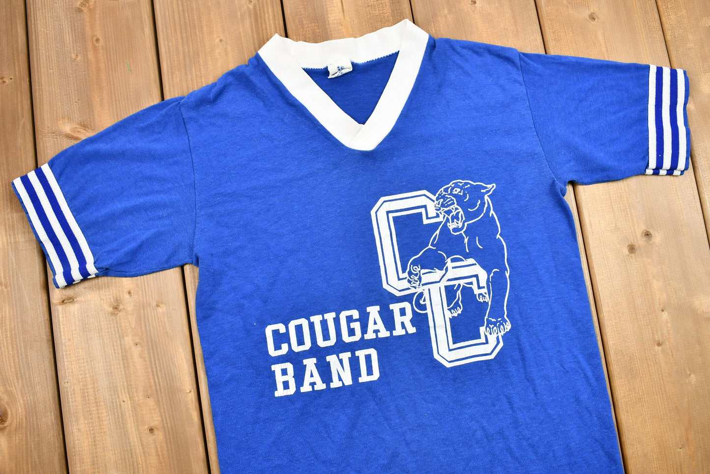 Vintage 1970s Catholic Central Cougar Band Graphic V-Neck T-Shirt / True Vintage / High School Alumni / Vintage Sportswear / Athleisure