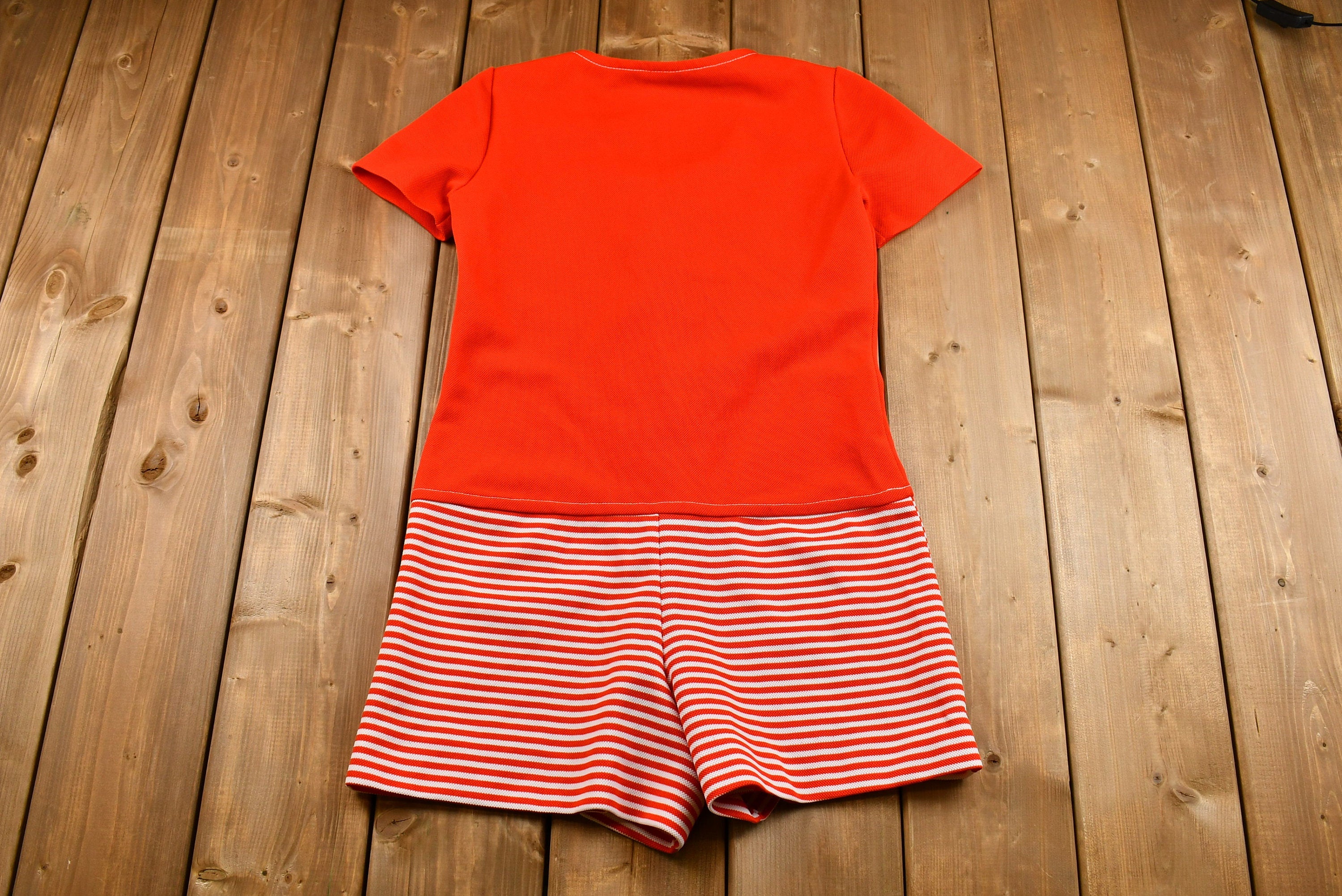 Vintage 1970s Button Up Short Sleeve Color Block Striped Romper
