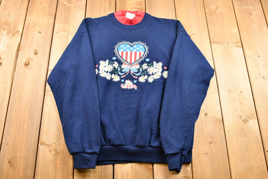 90s Made in USA Graphic Crewneck / American Heart & Flowers Print / Vintage Graphic Tee / Made in USA / Double Collar / American Streetwear
