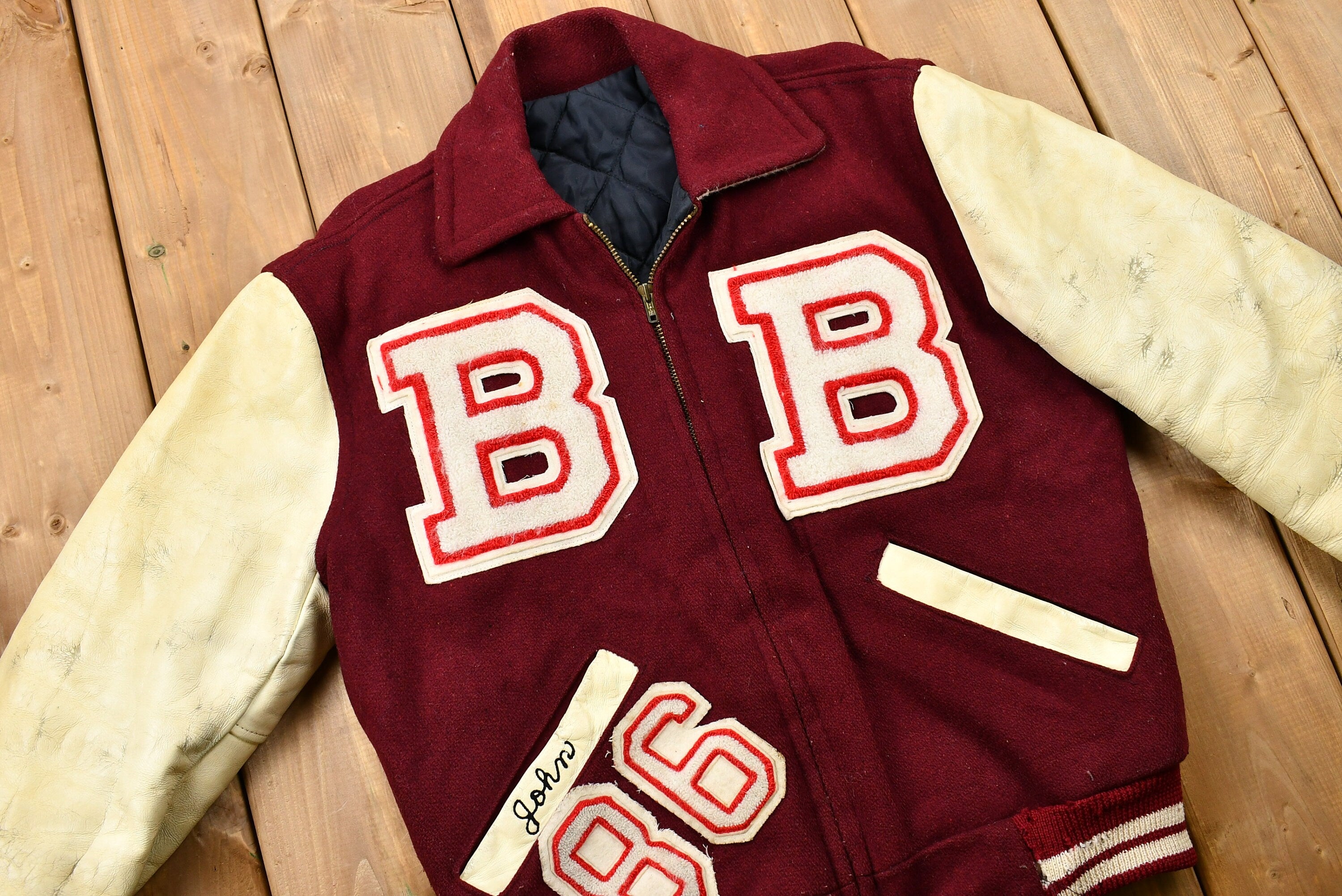 Vintage 1950s Distressed Benet Academy Letterman Varsity Jacket , True Vintage , John , Logan Knitting Mills , Made in USA , Bomber