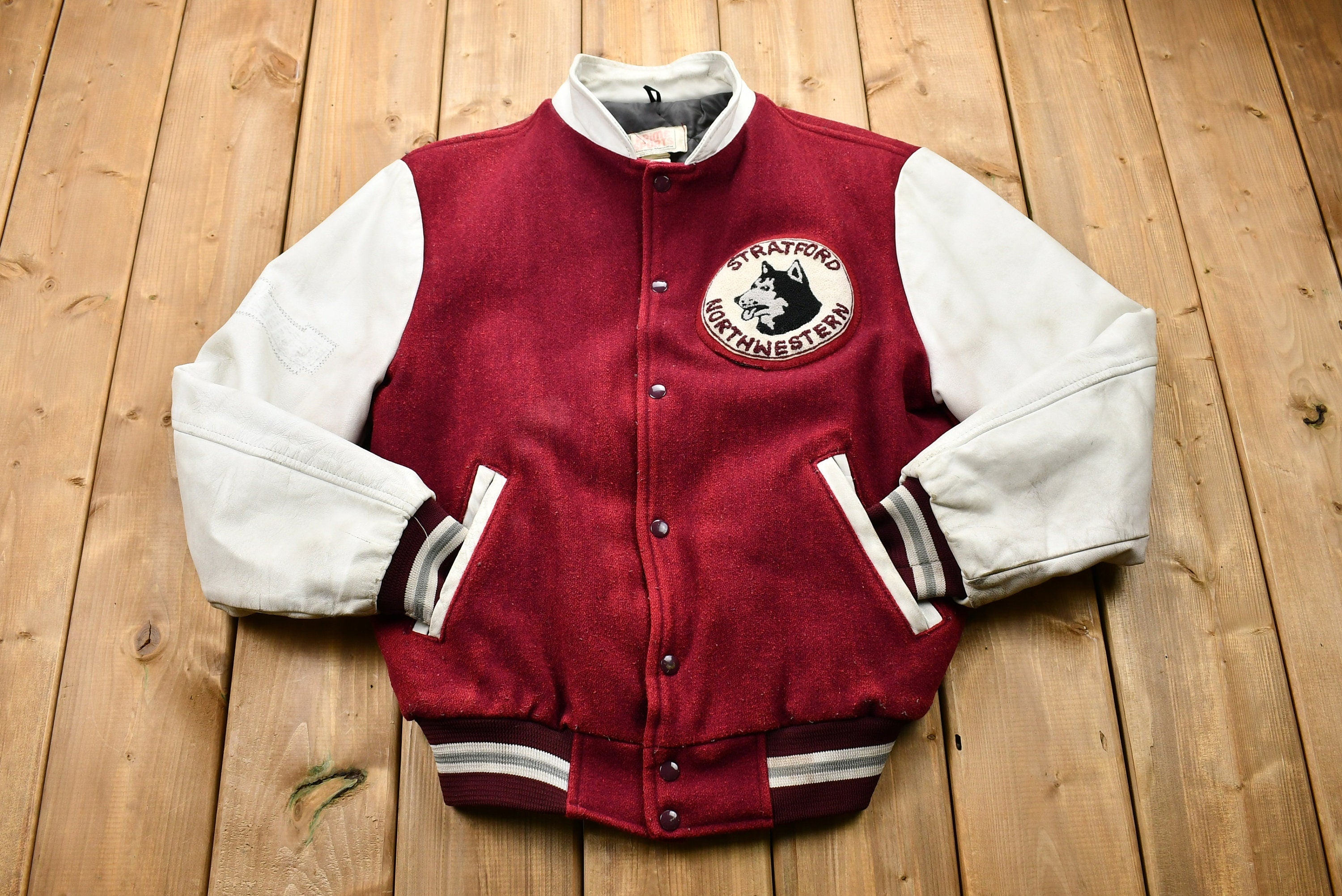 Vintage 1970s Distressed Stratford Northwestern Huskies Color Block Varsity Jacket
