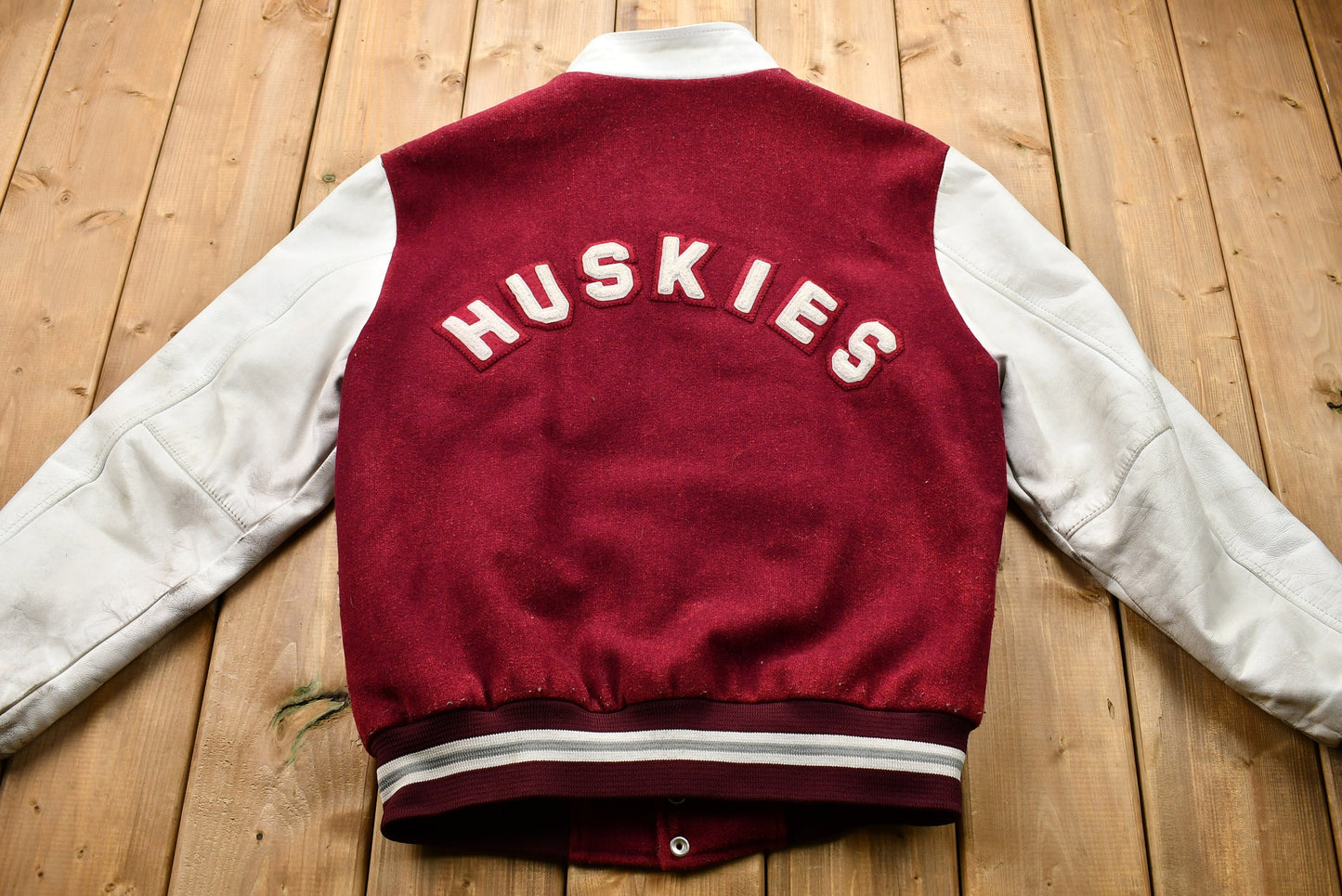 Vintage 1970s Distressed Stratford Northwestern Huskies Color Block Varsity Jacket / Football / Made in Canada / Souvenir / Prime Sports