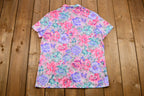 Vintage 1970s Floral Quarter-Button Up Short Sleeve Blouse