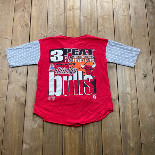 Vintage 1993 Chicago Bulls 3 Peat Graphic Baseball Style T-Shirt