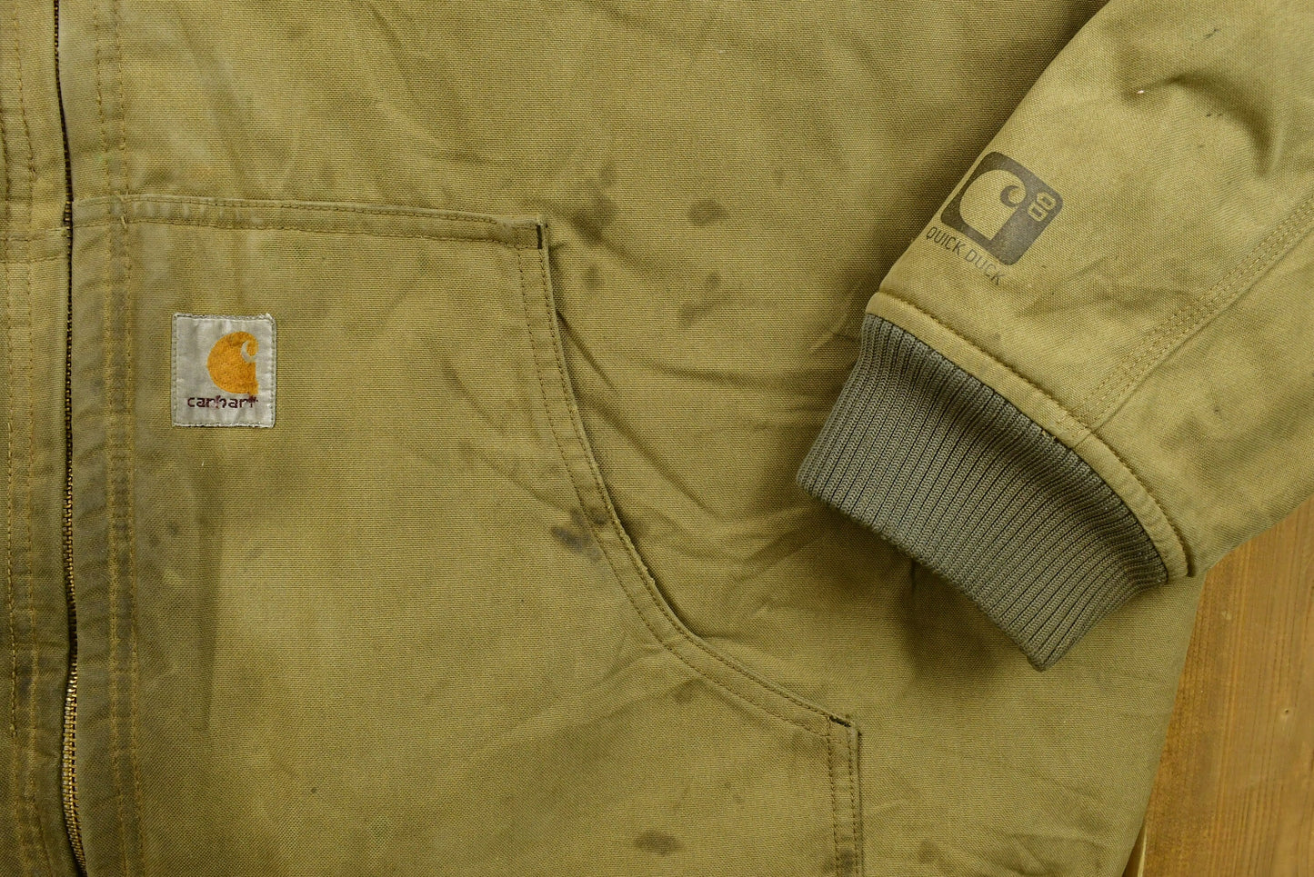 Vintage 90's Carhartt Quick Duck Hooded  Jacket / Workwear / Streetwear / Quilt Lined Jacket / Distressed Carhartt / Hunting Jacket