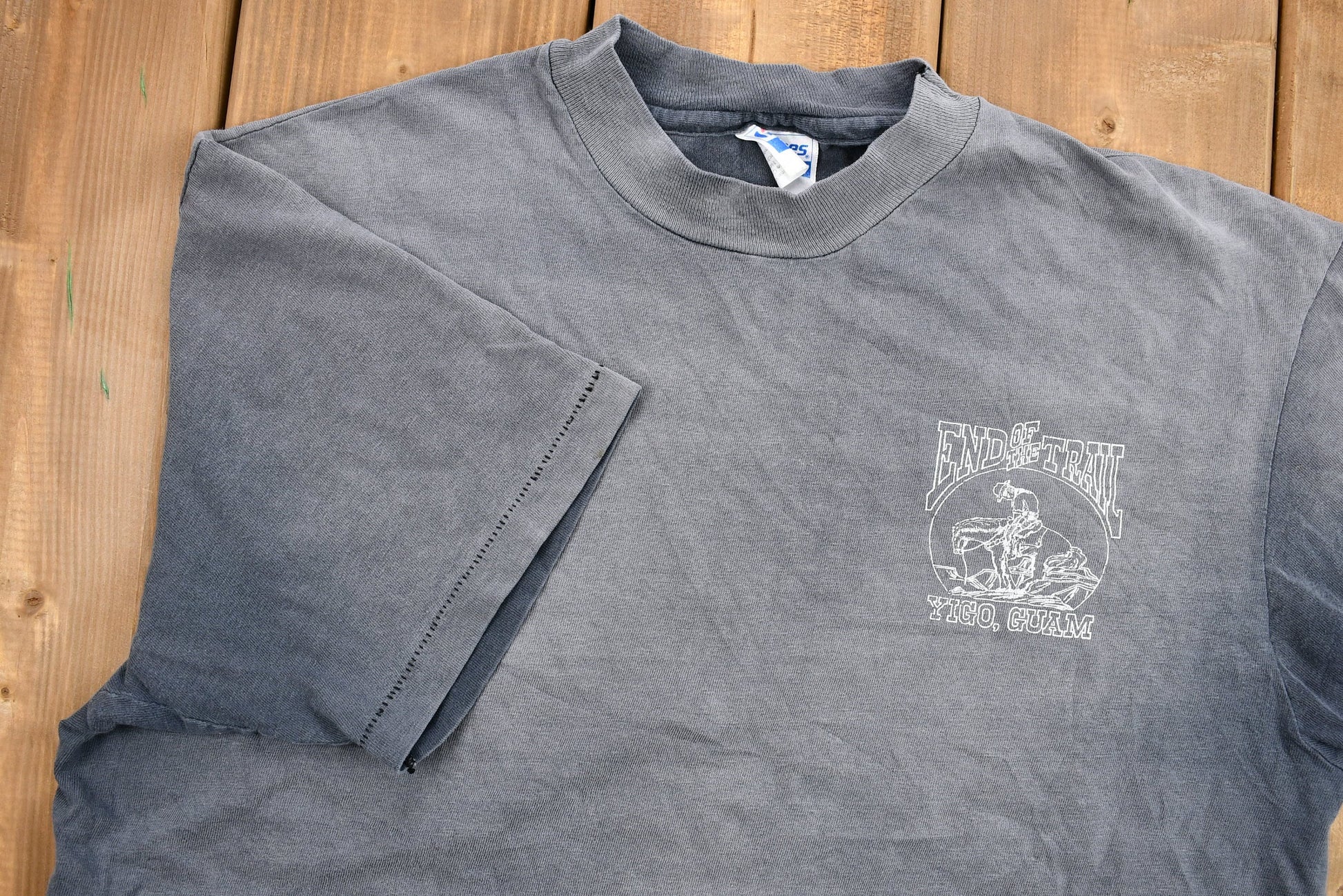 Vintage 1980s Naturally Discolored End Of The Trail Yigo, Guam Graphic T-Shirt