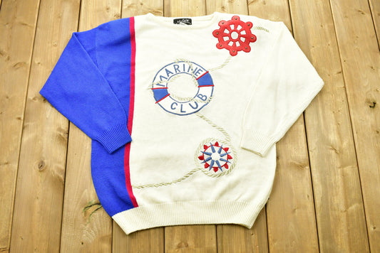 Vintage Marine Club Malain Knitted Sweater / Vintage 90s Crewneck / Pattern Sweater / Outdoor / Hand Knit / Pullover Sweatshirt