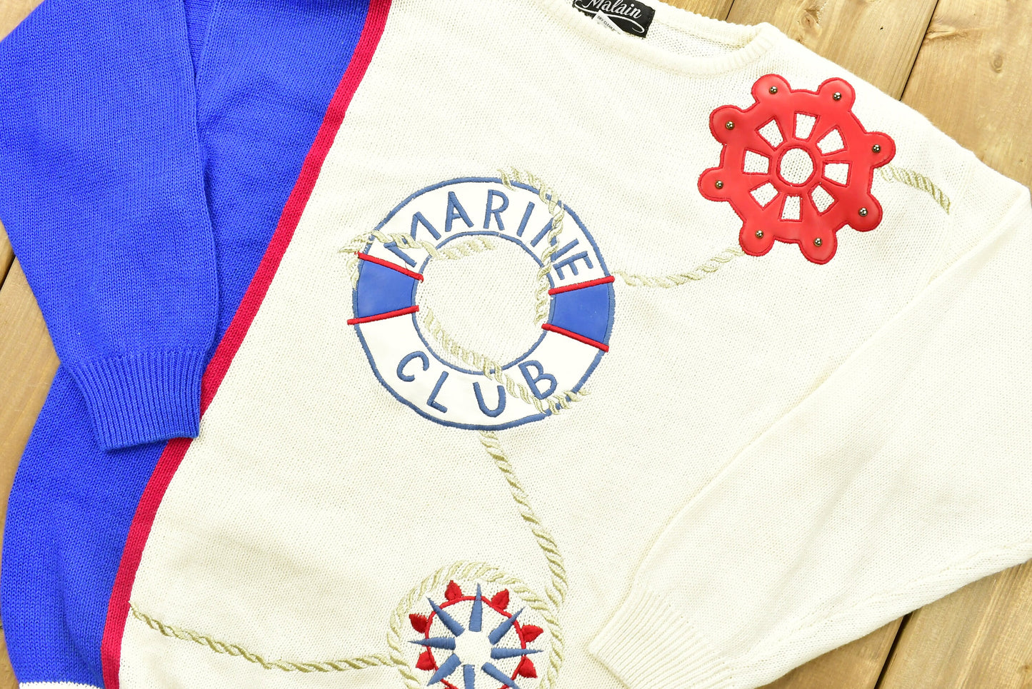 Vintage Marine Club Malain Knitted Sweater / Vintage 90s Crewneck / Pattern Sweater / Outdoor / Hand Knit / Pullover Sweatshirt